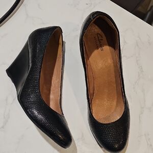 Clarks Black Textured Wedge Shoes